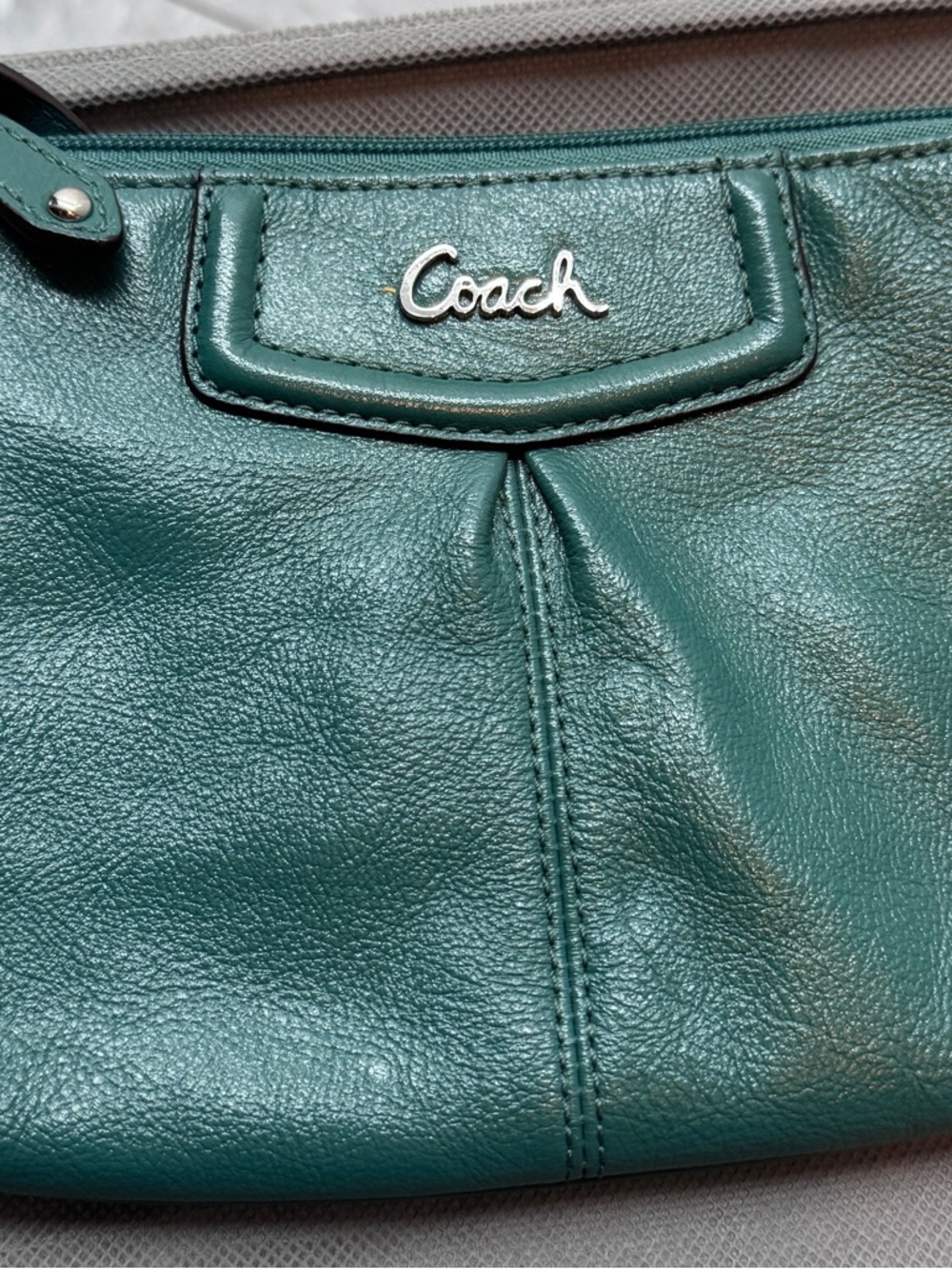 Coach Teal Green Leather wristlet with Silver Logo